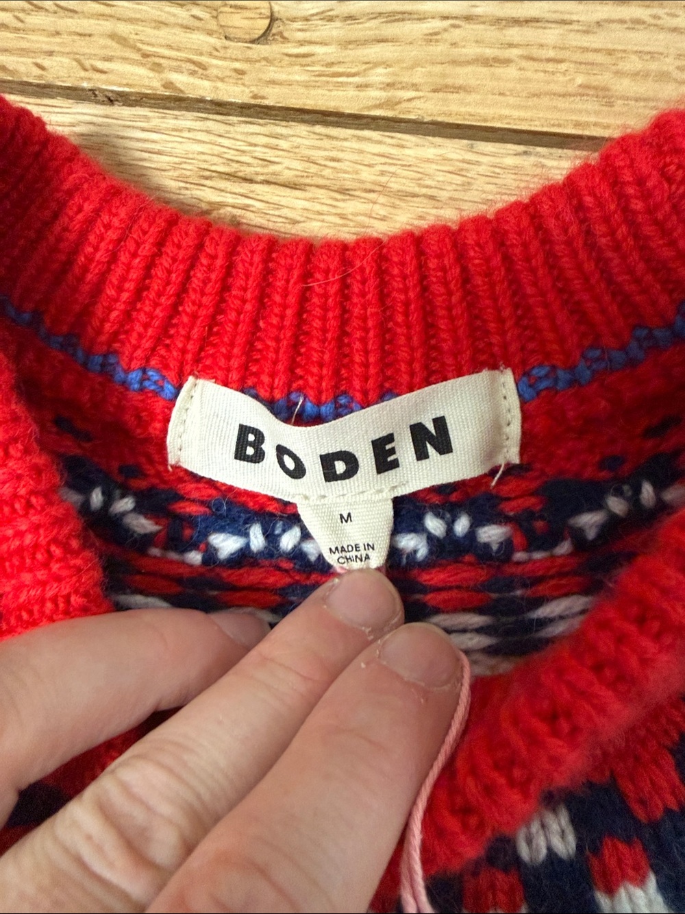 Boden Navy Crewneck Sweater with Red and White Fair Isle Yoke - Picture 4 of 6